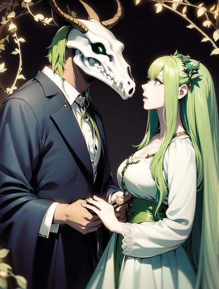 Masterpiece, photograph volumetric lighting, elias ainsworth, animal skull, <lora:Elias_AinsworthB-10:0.65> with woman, Light Green hair, blue eyes, vines, thorns