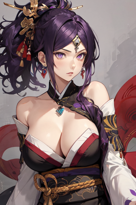 NohimeWarriors, 1girl, solo, large breasts, hair ornament, cleavage, bare shoulders, jewelry, purple eyes, purple hair, earrings, detached sleeves, japanese clothes, kimono, 