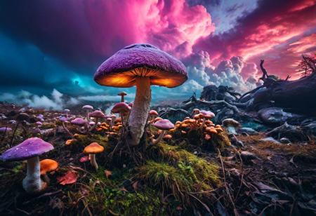 raw photo,cineatic shot,professional photography,no humans,a psychadelic fantasy mushroom landscape with giant mushrooms an multicolored clouds