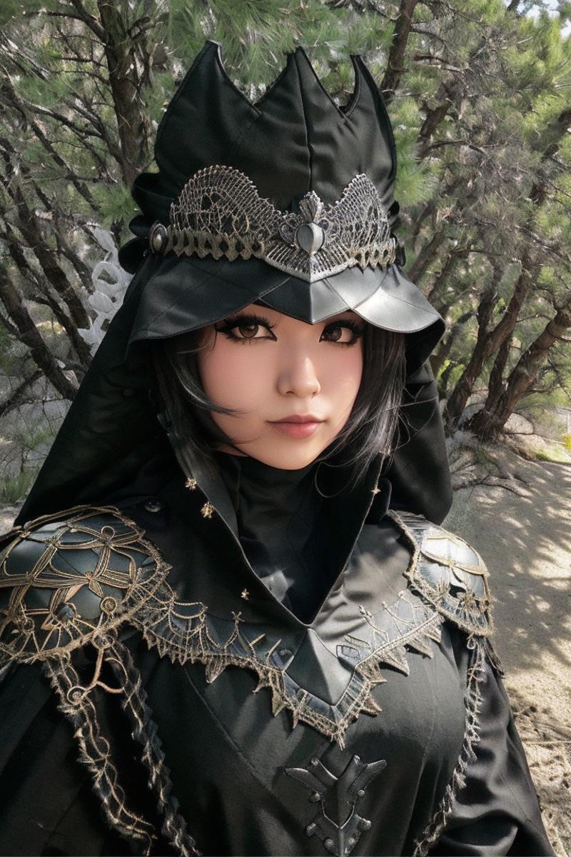  professional  closeup portrait photo of emru,  wearing armor and a gothic (helmet:1.2), black gothic armor, (intricate bl...