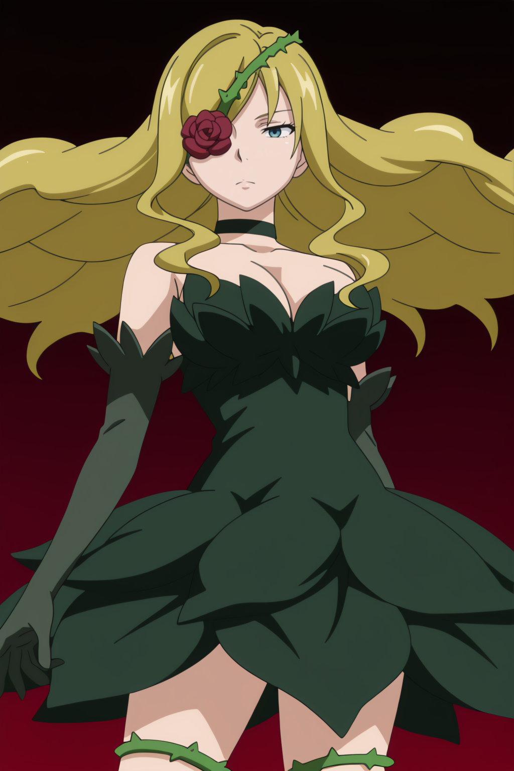 A woman with blue eyes, long blonde hair, a red rose eye patch over her right eye secured by a thorny green vine, and a serious expression standing in a simple pose looking down at the viewer. Her outfit is a dark green dress constructed from large, overlapping leaves, paired with matching long green gloves, thorny green vine garters, and a simple choker. The background is a solid, dark red color.