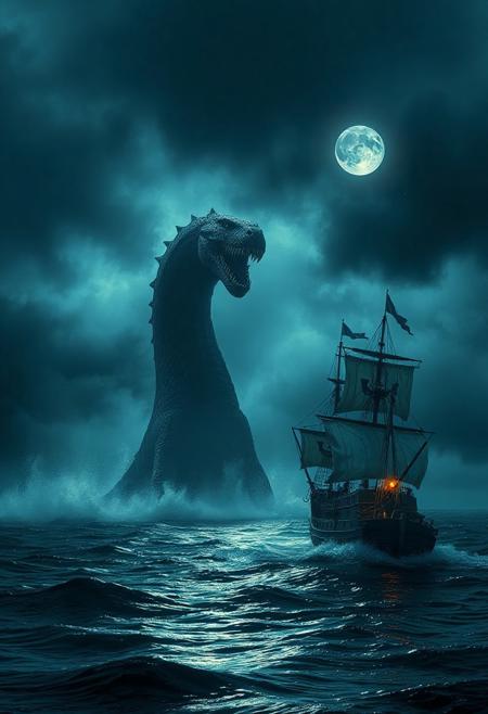 nimm das loch ness monster was aus dem wasser springt und ein piraten schiff angreifen möchte das piraten schiff versucht mit seinen kanonen zurück zu schiesen es ist nacht der himmel wird nur von dem mond beläuchtet leichter nebel