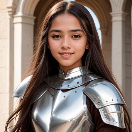 RAW photo, absurdres, high quality, photorealistic,
portrait of a young knight woman, looking at viewer, smile, long hair, brown_skin, detailed_skin, (freckles:0.5),
photo realism, ultra-detailed, 50mm, f1. 4, 8k uhd, film grain