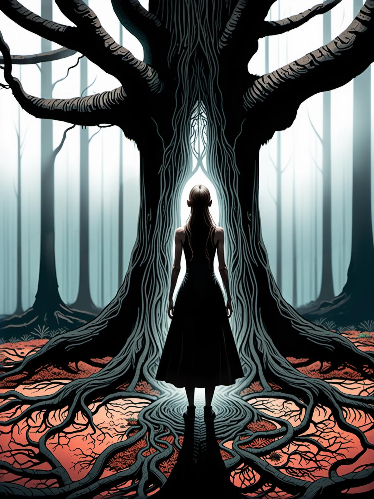 A woman walking through a dark forest with a tree trunk and roots.