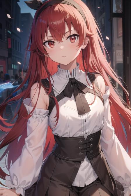 erisgreyrat, <lora:eristest:1>, 
eris greyrat, ahoge, hair between eyes, long hair, (red eyes:1.5), red hair, sidelocks, (small breast:1.2),
BREAK black hairband, black ribbon, brown skirt, hairband, long sleeves, neck ribbon, pantyhose, ribbon, shirt, shoulder cutout, skirt, white pantyhose, white shirt, wide sleeves,
BREAK looking at viewer,
BREAK outdoors, city,
BREAK <lyco:GoodHands-beta2:1>, (masterpiece:1.2), best quality, high resolution, unity 8k wallpaper, (illustration:0.8), (beautiful detailed eyes:1.6), extremely detailed face, perfect lighting, extremely detailed CG, (perfect hands, perfect anatomy),