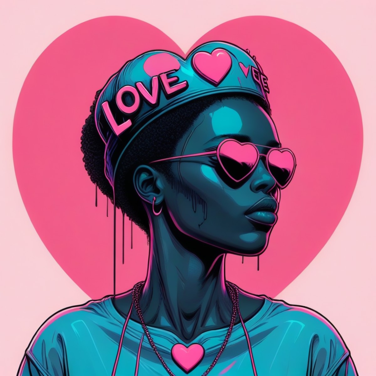 (BLACK LOVE:1.5) text logo, pink, teal, dripping, crown, beautiful woman, heart, Black Love Pop Art <lora:blacklove:0.8>  ...