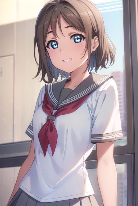 youwatanabe, <lora:you watanabe s2-lora-nochekaiser:1>,
you watanabe, short hair, blue eyes, brown hair, smile, grin,
BREAK skirt, school uniform, short sleeves, pleated skirt, serafuku, socks, neckerchief, kneehighs, black socks, (red neckerchief:1.2), grey skirt, uranohoshi school uniform,
BREAK indoors, classroom,
BREAK looking at viewer, (cowboy shot:1.5),
BREAK <lyco:GoodHands-beta2:1>, (masterpiece:1.2), best quality, high resolution, unity 8k wallpaper, (illustration:0.8), (beautiful detailed eyes:1.6), extremely detailed face, perfect lighting, extremely detailed CG, (perfect hands, perfect anatomy),