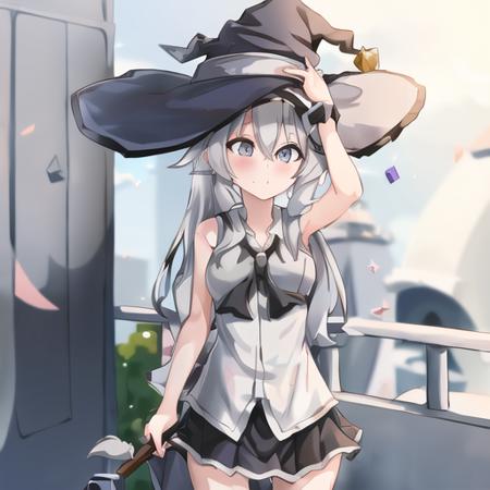 <lora:Elaina_v1.1:1>, one girl, grey hair, witch hat, white shirt,sleeveless tops, black skirt, masterpiece, best quality,