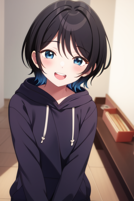 saegusayuu, hoodie, pov, looking at viewer, smiling, blush, open mouth, upper teeth only