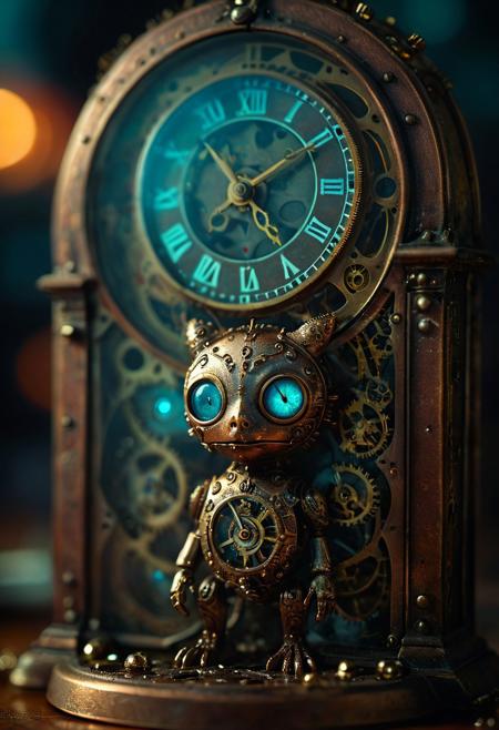 tiny clockwork creature, oily, adorable, hiding inside clock, glowing eyes, curious but distressed, touching, sweet and elegant, lonesome, dramatic lighting, DoF background, imaginative design, otherworldly environment, vibrant hues, bokeh, calming tones, high resolution, film grain