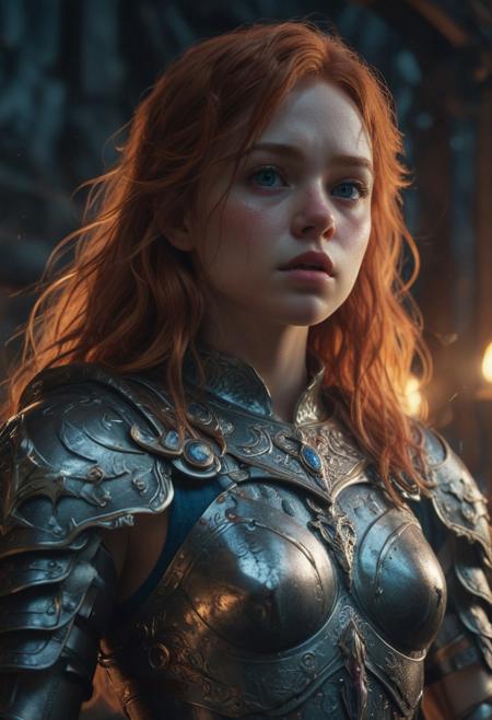 High resolution ultra-realistic of Beautiful Warrior Sadie Sink as Joan of Arc, 8k, capturing the intensity of the moment, cinematic lighting, standing on a bloody and stormy battlefield in bloody battle, wavy red hair, realistic dirty pale face, realistic blue eyes,  beautiful hourglass figure, burning in a medieval Town, intricately designed iron and silver armor, Dark Ages Aesthetic, perfect athletic figure, beautiful Warrior Joan of Arc, fire, ultra realistic, cinematic style, vigorous and seductive, athletic figure, dark fantasy, dramatic lighting, wet and sweaty skin, dirty skin, athletic figure, dark fantasy, dramatic lighting, Greg Rutkowski style,, Warrior Joan of Arc on in iron armor, hyper-detailed, hyper-realistic, bright colours, Attractive 21 old years girl, Attractive, beautiful firm Breasts, sharp focus, digital painting, Photograph Taken on Nikon D750, Alphonse Mucha, 8K, athletic figure, Hyperdetailed, hyperrealism, Attractive, Attractive bust girl, asymmetric balance