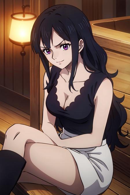 2d, masterpiece, best quality, anime, highly detailed face, highly detailed background, perfect lighting, wano, 1girl, solo, long hair, wavy hair, mermaid waves, bangs, black hair, violet eyes, ringed eyes, smile, black top, black cleavage, medium breasts, white skirt, white high-waist skirt, small butt, high boots, sitting, crossed legs, side focus, <lora:wanostyle-10:1>