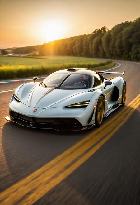 realistic, photograph, detailed photography, high quality, depth of field, tilt shift, white balance, HDR UHD, volumetric lighting, analog film grain, medium shot, 
ral-3dwvz, 
A lime hypercar racing on a long straight road, golden hour