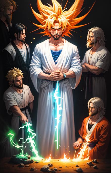 jesus that looks like goku with his apostles wearing a white robe and white shirt with neon lights, oil on canvas, oil painting