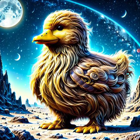 A colorblind bright yellow duck over in Wookiee Hair, standing near a bear in the moon surface, 
score_9, score_8_up, score_8_up, masterpiece,super detailed face, super high resolution, FaceDetail, masterpiece-level, highly detailed, intricate details, detailed background, complex background, cinematic, intricately detailed illustration, depth of field, masterpiece, best quality, amazing quality, very aesthetic, absurdres, newest, very awa, shadow, dynamic angle,
