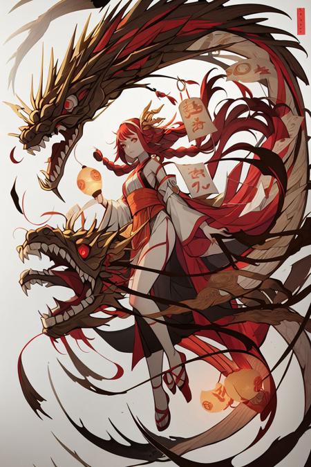 masterpiece, <lora:Shie_Nanahara-49:1>
Shie_Nanahara, 1girl, solo, long hair, looking at viewer, full body, braid, red hair, detached sleeves, wide sleeves, sash, lantern, dragon, paper lantern