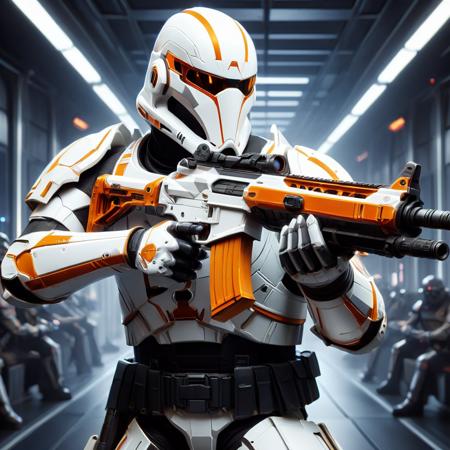 a realistic action shot  of a white and orange Stormtrooper, wielding a white and orange assault rifle, aiming at the camera, reflective light, futuristic spacestation in background, HD, masterpiece, best quality, hyper detailed, ultra detailed,