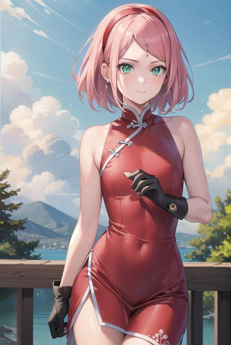 sakuraharuno, <lyco:sakuraharunov3-lyco-nochekaiser:1>,
sakura haruno, short hair, bangs, (green eyes:1.5), pink hair, hairband, facial mark, (forehead mark:1.2), red hairband, (swept bangs:1.5), (small breast:1.2),
BREAK chinese clothes, dress, (red dress:1.3), short skirt, black shorts, gloves, black gloves, sleeveless,
BREAK outdoors, forest, nature, sky, cloud, sun,
BREAK looking at viewer, (cowboy shot:1.5),
BREAK <lyco:GoodHands-beta2:1>, (masterpiece:1.2), best quality, high resolution, unity 8k wallpaper, (illustration:0.8), (beautiful detailed eyes:1.6), extremely detailed face, perfect lighting, extremely detailed CG, (perfect hands, perfect anatomy),