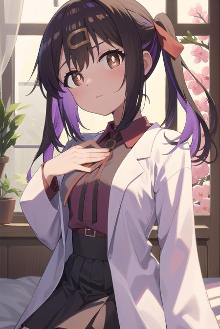 miharioyama, <lora:miharioyamatest:1>, mihari oyama, black hair, (brown eyes:1.3), hair between eyes, hair ornament, hair ribbon, hairclip, medium hair, multicolored hair, purple hair, ribbon, streaked hair, twintails, two-tone hair,
BREAK black skirt, bolo tie, lab coat, long sleeves, red ribbon, red shirt, ribbon, shirt, skirt, wing collar,
BREAK looking at viewer,
BREAK indoors, bed,
BREAK <lora:GoodHands-vanilla:1>, (masterpiece:1.2), best quality, high resolution, unity 8k wallpaper, (illustration:0.8), (beautiful detailed eyes:1.6), extremely detailed face, perfect lighting, extremely detailed CG, (perfect hands, perfect anatomy),