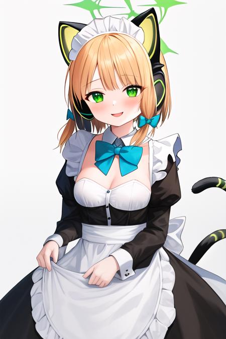 masterpiece, best quality, highres, solo, {midori_bluearchive:1.10}, animal_ears, headphones, blonde_hair, fake_animal_ears, animal_ear_headphones, green_eyes, bow, cat_ear_headphones, halo, bangs, blush, hair_bow, short_hair, tail, breasts, small_breasts, 1girl, alternate_costume, apron, looking_at_viewer, maid, maid_headdress, cat_tail, dress, long_sleeves, bowtie, cat_ears, maid_apron, simple_background, black_dress, blue_bow, blue_bowtie, enmaided, white_background, holding, open_mouth, sidelocks, smile