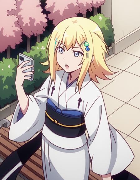 <lora:zeruel-tenma-white-s1-ponyxl-lora-nochekaiser:1>, zeruel tenma white, blue eyes, blonde hair, hair ornament, hairclip, japanese clothes, kimono, sash, obi, white kimono,