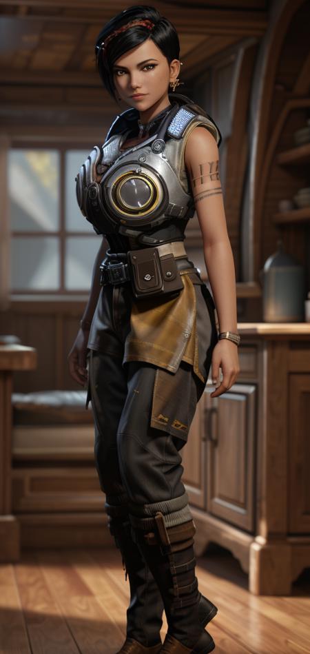 masterpiece, best quality, highres, aanobara, <lora:Kait-Diaz-v2:0.8>, short hair, black hair, gears of war light armor, tan shirt under the armor with short sleeves, black pants, brown boots, looking at viewer, standing, cowboy shot, computer room background, smile, 2 red hair braids with silver jewelry tip, hands on hips, bare arms, gold earrings, yellow half skirt on the right, elongated triangle tattoo, undershirt