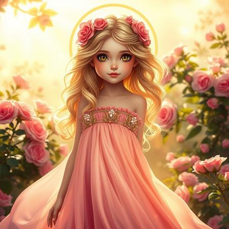A radiant and enchanting girl embodying the loving, artistic, and sensual energy of Venus, standing in a dreamy paradise filled with blooming flowers and golden light. Her presence is captivating, with soft, wavy hair and mesmerizing eyes full of passion and warmth. She wears an elegant, flowing dress in shades of pink and gold, representing beauty and love. The background is filled with roses, lush greenery, and a soft golden glow, creating an atmosphere of pure romance and harmony. She symbolizes love, attraction, and divine femininity, glowing with Venusian charm."