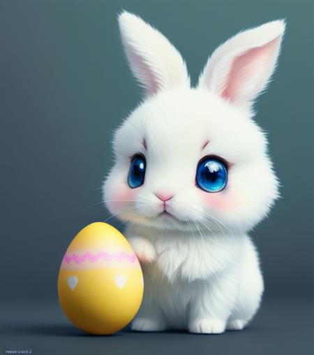 Beautiful little bunny with dreamy eyes, volumetric light, hyper realistic, intricate detail, illustration, painting, watercolor, kawaii chibi, eating easter egg, Aww!, Shallow depth of field, pastel color palette, Soft Lighting, Minimalistic, Modern, Digital painting, art by lois van baarle and ross tran and artgerm, Trending on Artstation HQ, highly detailed,Highly Detailed