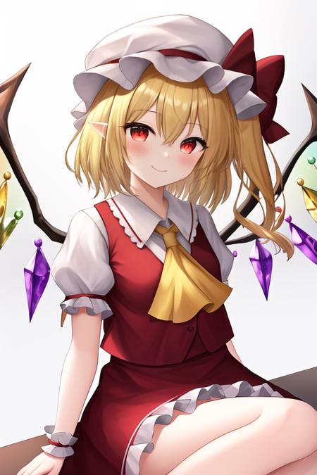 masterpiece, best quality, highres, solo, {flandre_scarlet_touhou:1.10}, blonde_hair, wings, red_eyes, crystal, hat, ribbon, mob_cap, one_side_up, bangs, bow, smile, vest, white_headwear, ascot, blush, red_vest, red_ribbon, red_bow, hat_ribbon, hair_between_eyes, yellow_ascot, short_hair