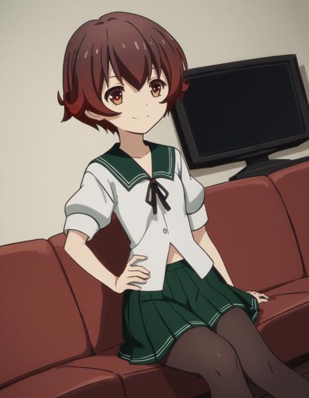 mutsuki, short hair, brown hair, brown eyes, red hair, multicolored hair, gradient hair, mutsuki (kancolle) skirt, school uniform, pantyhose, pleated skirt, serafuku, sailor collar, neckerchief, black pantyhose, green skirt, green sailor collar,