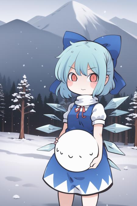 cha, 1girl, chibi, (cirno:1.2), (cowboy shot:1.2), snow valley, field, frozen trees, mountains, snowman