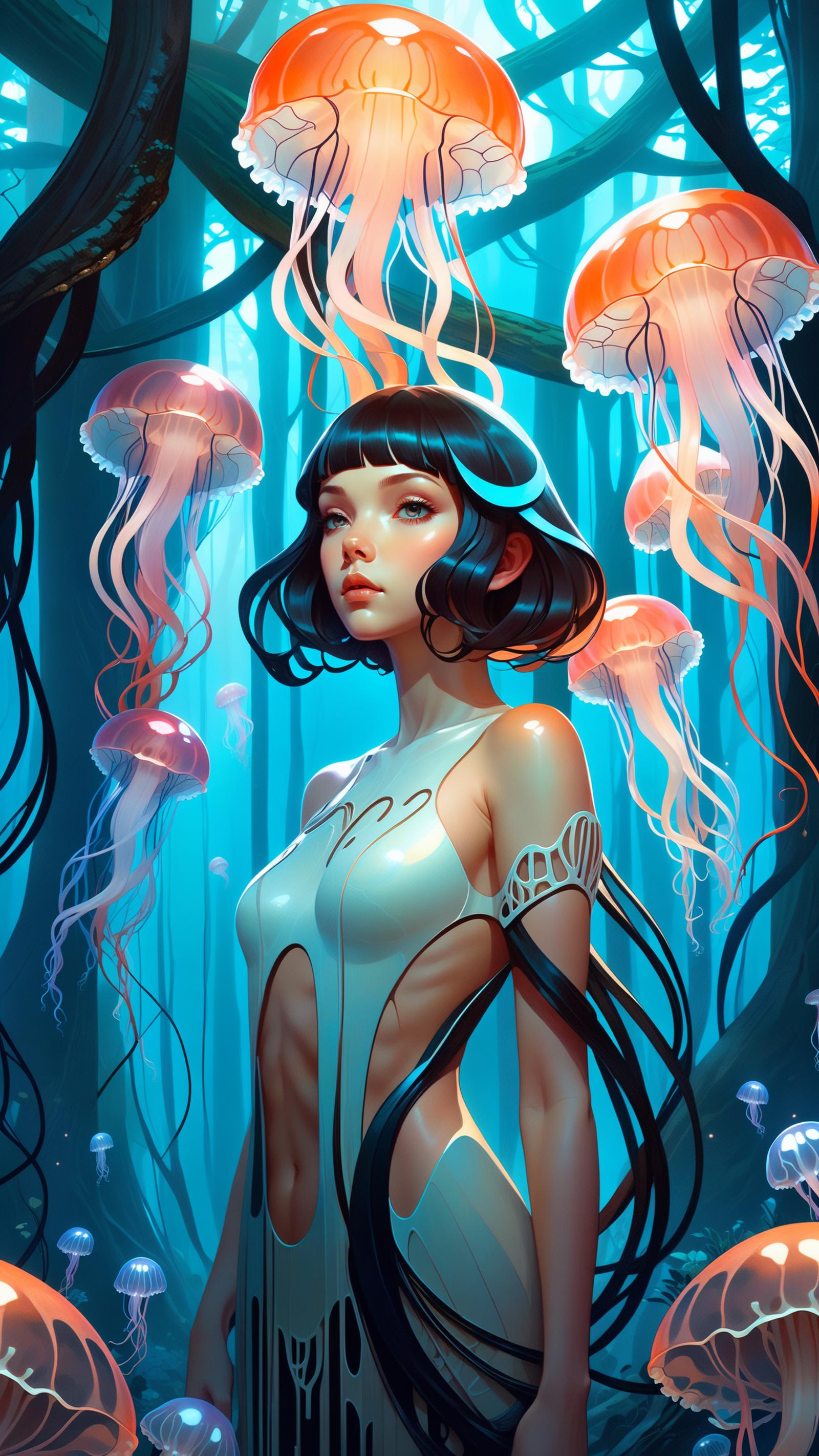 A woman in a white dress stands in a forest surrounded by jellyfish.