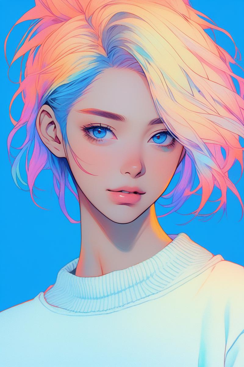 A colorful drawing of a woman with blue eyes, pink hair, and a white shirt.
