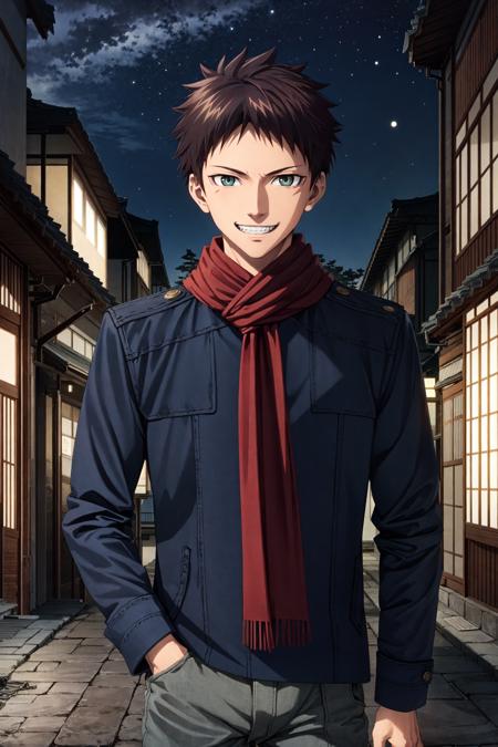 kunato hyouma\(mononogatari\), solo, looking at viewer, cowboy shot, green eyes, brown hair, grin, teeth, 1boy, male focus, black coat, gray pants, red scarf, sky, night, star (sky), night sky, kyoto