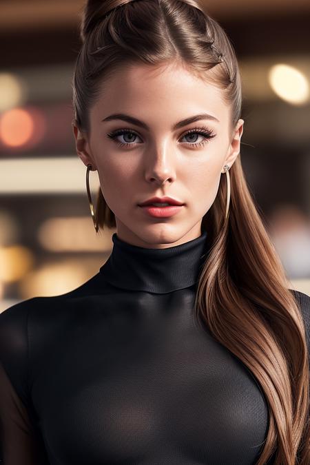 photo of extremely sexy (c4rmr0se-130:0.99), a woman as a sexy student, closeup portrait upsweep updo, (red tight long sleeve turtleneck top), at a cantina sitting bar (masterpiece:1.5) (photorealistic:1.1) (bokeh) (best quality) (detailed skin texture pores hairs:1.1) (intricate) (8k) (HDR) (wallpaper) (cinematic lighting) (sharp focus), (eyeliner), (painted lips:1.2), (earrings)