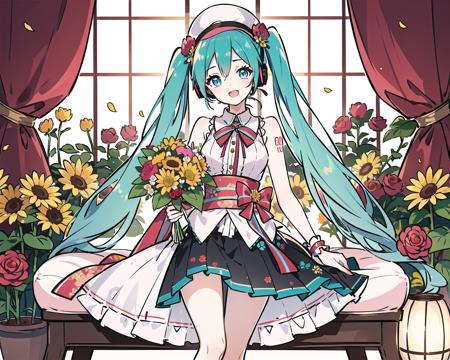 flower, hatsune miku, sunflower, 1girl, twintails, long hair, yellow flower, solo, headphones, very long hair, potted plant, red flower, window, pink flower, daisy, tattoo, tulip, white flower, rose, orange flower, skirt, indoors, aqua eyes, plant, hair ornament, open mouth, sleeveless, shoulder tattoo, bouquet, camellia, ahoge, bow, holding flower, aqua hair, pleated skirt, round window, medium breasts, looking at viewer, hat, number tattoo