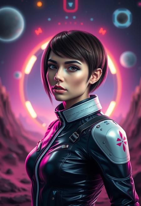 realistic photography of a space girl in alien world, short hair, sci-fi, cyberpunk, latex spacesuit