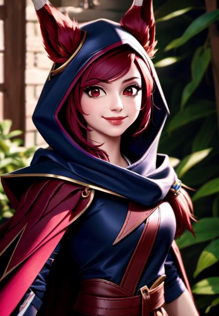 sfw, <lora:xayah:0.8>, xayah, hood, 1girl, solo, smile,, (masterpiece, best quality, absurdres, detailed, ultra-detailed:1.3), beautiful