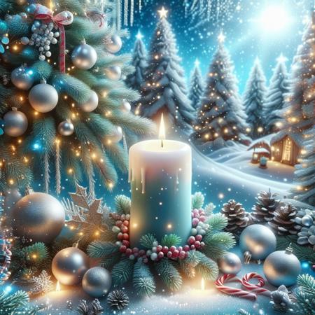 Light blue Christmas candle located on one side of the image. Background with Christmas pine branches, colorful lights. Back ground Large Christmas tree, with bright silver and light blue and multicolored garlands. Background from light blue to silver light scale. 3D rendering, fashion, cute, fantasy art, high definition, ultra-real, Christmas style.