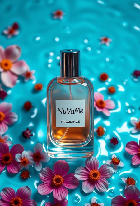 Minimal perfume bottle and flowers all over the set, top light on top of a background with water, saturation color scheme, bright light glass refraction, mottled shading, studio lighting, contrast high precision, fine gloss, centered composition, neon blue color palette. Brand name written as 'NuVaMe Fragrance' on it.