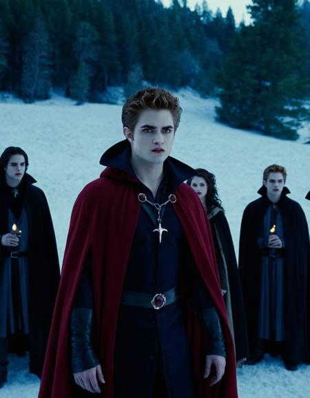 cinematic photo <lora:twilight:1>,twilight,still,promotional,movie,vampire,beautiful,twlight,portrait,eyes,, centered, anime, portrait photo of a prompt . ,hard shadows, a group of people dressed in medieval clothing standing in the snow with one person wearing a red cape and the other wearing a black cloak [2], . 35mm photograph, film, bokeh, professional, 4k, highly detailed