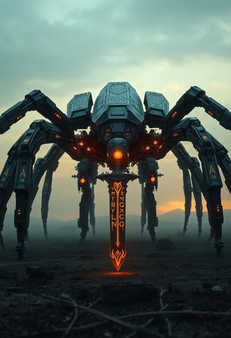 The hyper detail, sci-fi, robotic spider armed Arachnida war machine, the colossal war machine, StarCraft prostoss Colossus inspired machine. the 6 joined-led, the armor body, guns, turrets. Moving on the chaos field background at dawn. His head is marked with runes, body sword hangs on hand, glowing faintly with enchanted, golden runes. detail background, straight on angle shot, Full body shot, closed-up, ultra-realistic 32k resolution, official art styled digital painting, intricate armor engravings catching realistic lighting, film grain texture overlay, reversal film effect, high quality, detailed realistic background with scattered futuristic debris, shadowed craters, misty atmosphere, cinematic.