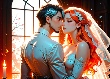 1 man, 1 girl, woman made of fire, boy made of ice, celebrate wedding, mans suit made of fire, womans dress made of ice, (background:chruch), rating_safe, IL_lazypos, masterpiece, best quality, detailed face, detailed eyes, 4k, 8k, masterpiece, high_quality, highres, sharp_focus, detailed_eyes,, <lora:IL_illustriousXL_stabilizer_v1.23:1.0>, <lora:IL_Detailer_NoobAI_Incrs_v1:1.0>