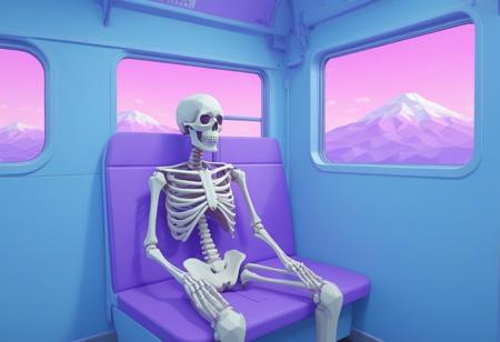 low polygon, upper body, close up, facing right, vaporwave colors low polygon simple Skeleton is on a train seat, side view, with a view through the window, pastel blue, pastel purple,