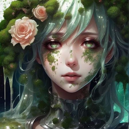 anime girl with moss And mold around her, detailed portrait, close up, space background behind her, dripping liquid metal leaf's around her, roses flourishing around her, close up of face