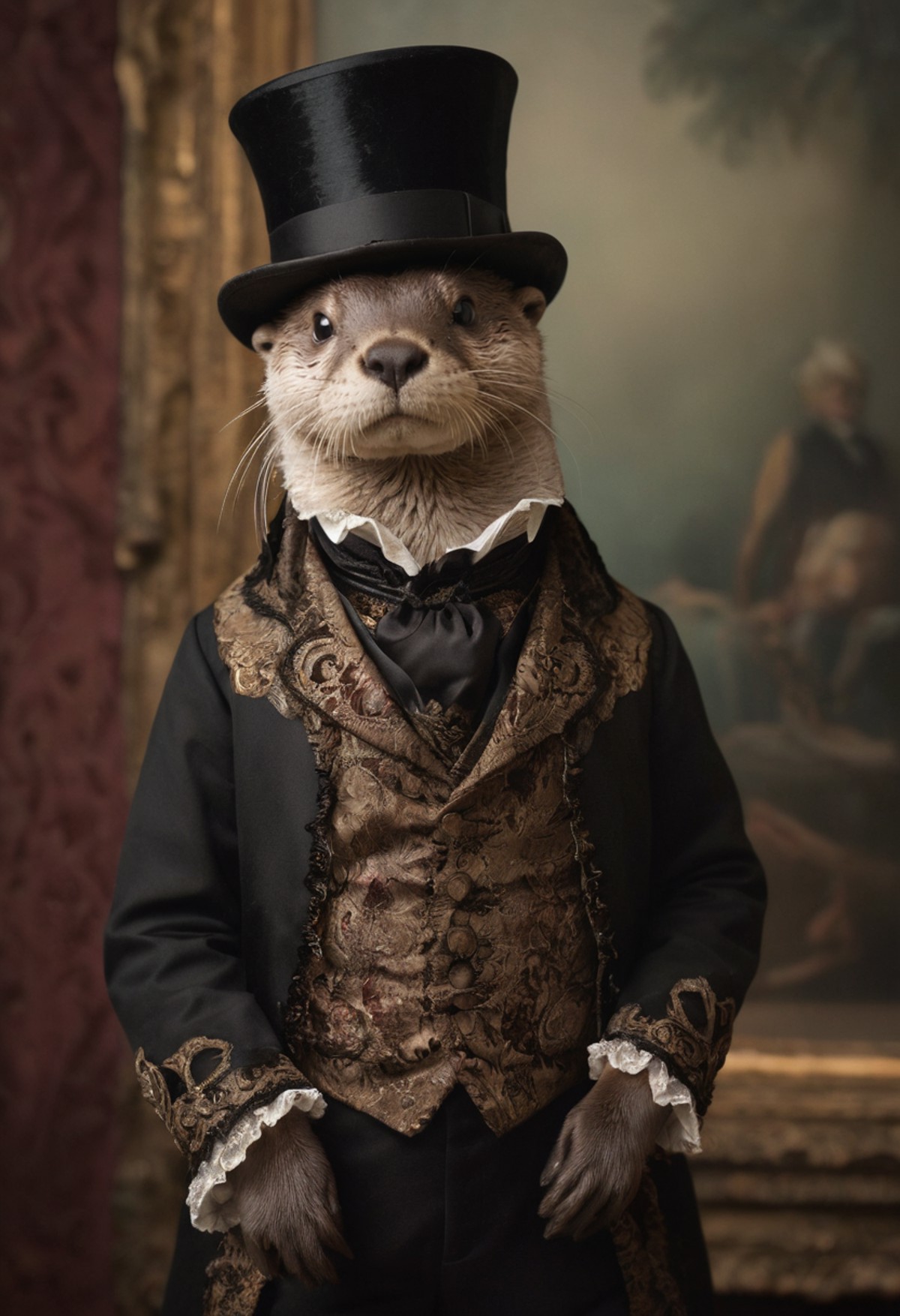 A charming otter poses in an elaborate Victorian outfit, exuding regality and whimsy. Otter with whiskers, ornate Victoria...