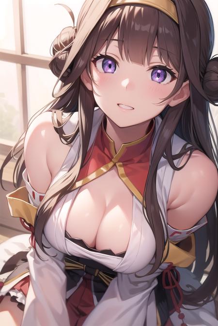 kongou, ahoge, brown hair, double bun, hair bun, hairband, headgear, long hair, (purple eyes:1.1),  boots, detached sleeves, japanese clothes, nontraditional miko, ribbon trim, ribbon-trimmed sleeves, thigh boots, wide sleeves,