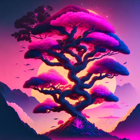 (neontreehouse style:1) a stylized image of a tree with a pink sky in the background <lora:djzNeonTreehouseV21_LoraBooth:1>