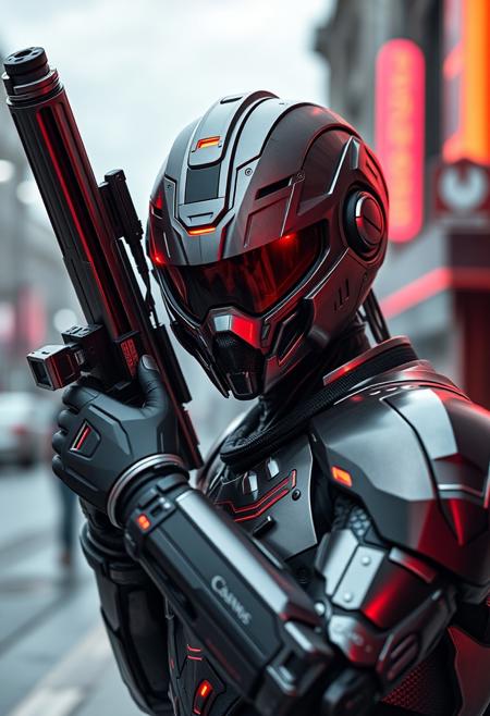 android with metallic advanced armor, weaponry, and helmet, neon red, street, overcast, reflection mapping, intricate design and details, dramatic lighting, hyperrealism, photorealistic, cinematic, 8k, 50mm f2 portrait photography, gfx100 camera, looking the camera, hard rim lighting photography. Highest-Quality, 4k, intricate details, visually stunning, Masterpiece