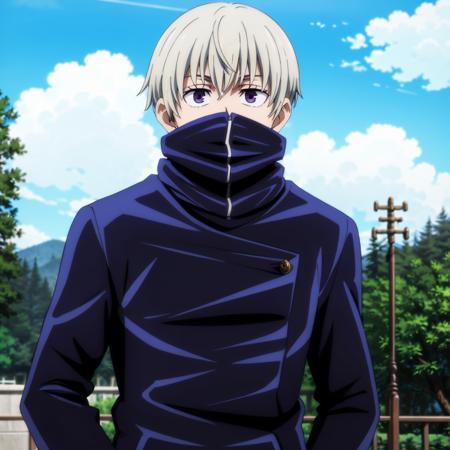 TogeInumaki,1boy,short stature, (facial mark:1.1), covered mouth,  gakuran,jacket,hood, pants,  socks,sneakers, shouting,hood,open hood,motion blur,blurry foreground, hand up,clenched hand,incoming attack,